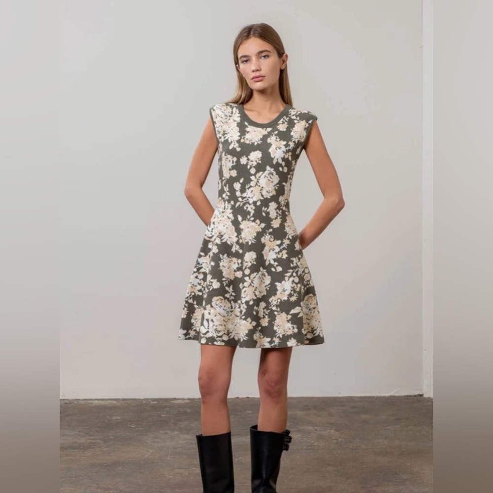 New Moon River Green Floral Sleeveless mini sweater Dress